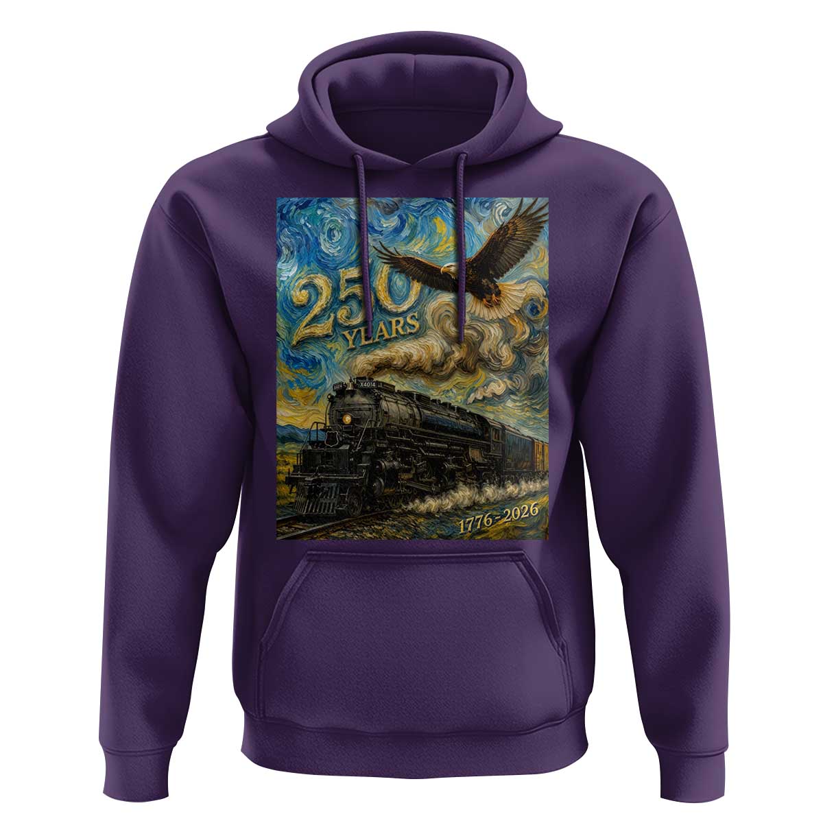 Train USA 250 Year Anniversary 1776 2026 Hoodie Van Gogh Art Steam Locomotive Railroad Starry Night