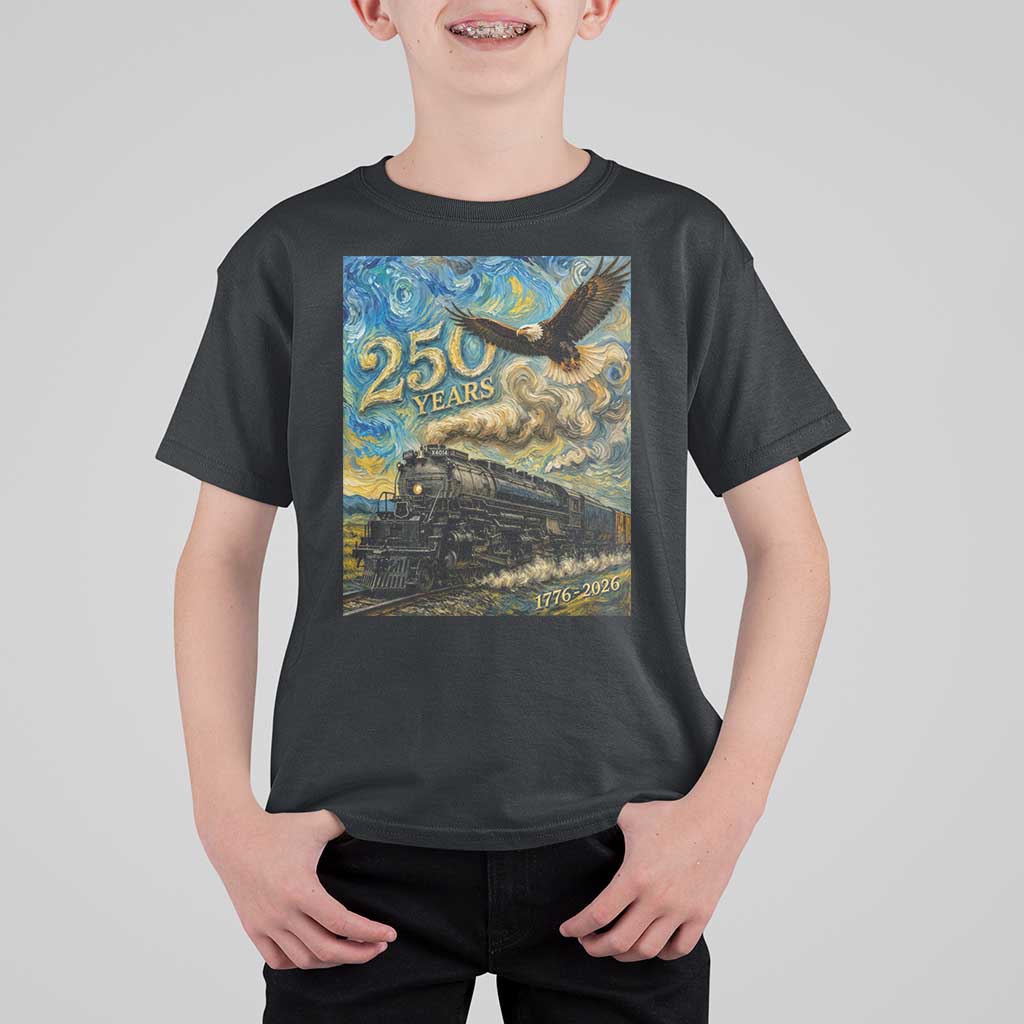 Train USA 250 Year Anniversary 1776 2026 T Shirt For Kid Van Gogh Art Steam Locomotive Railroad Starry Night