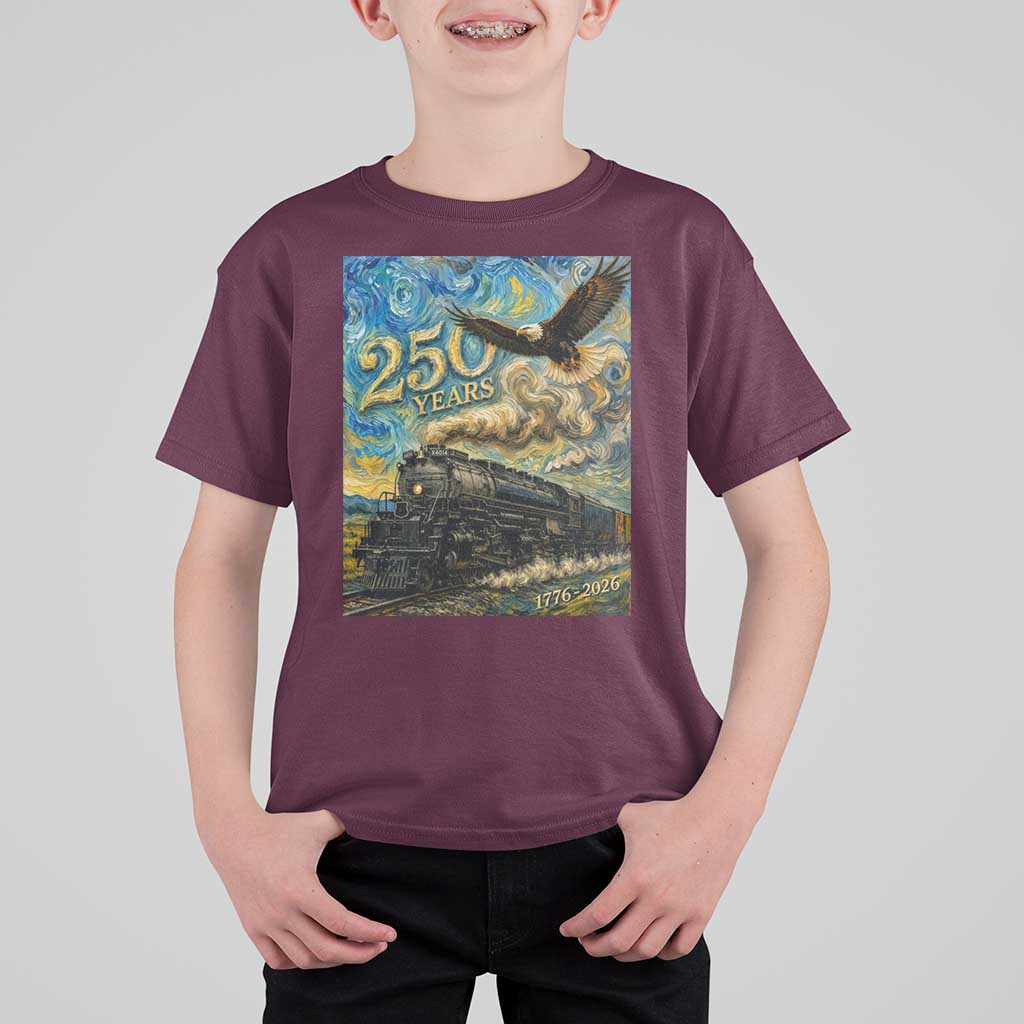 Train USA 250 Year Anniversary 1776 2026 T Shirt For Kid Van Gogh Art Steam Locomotive Railroad Starry Night