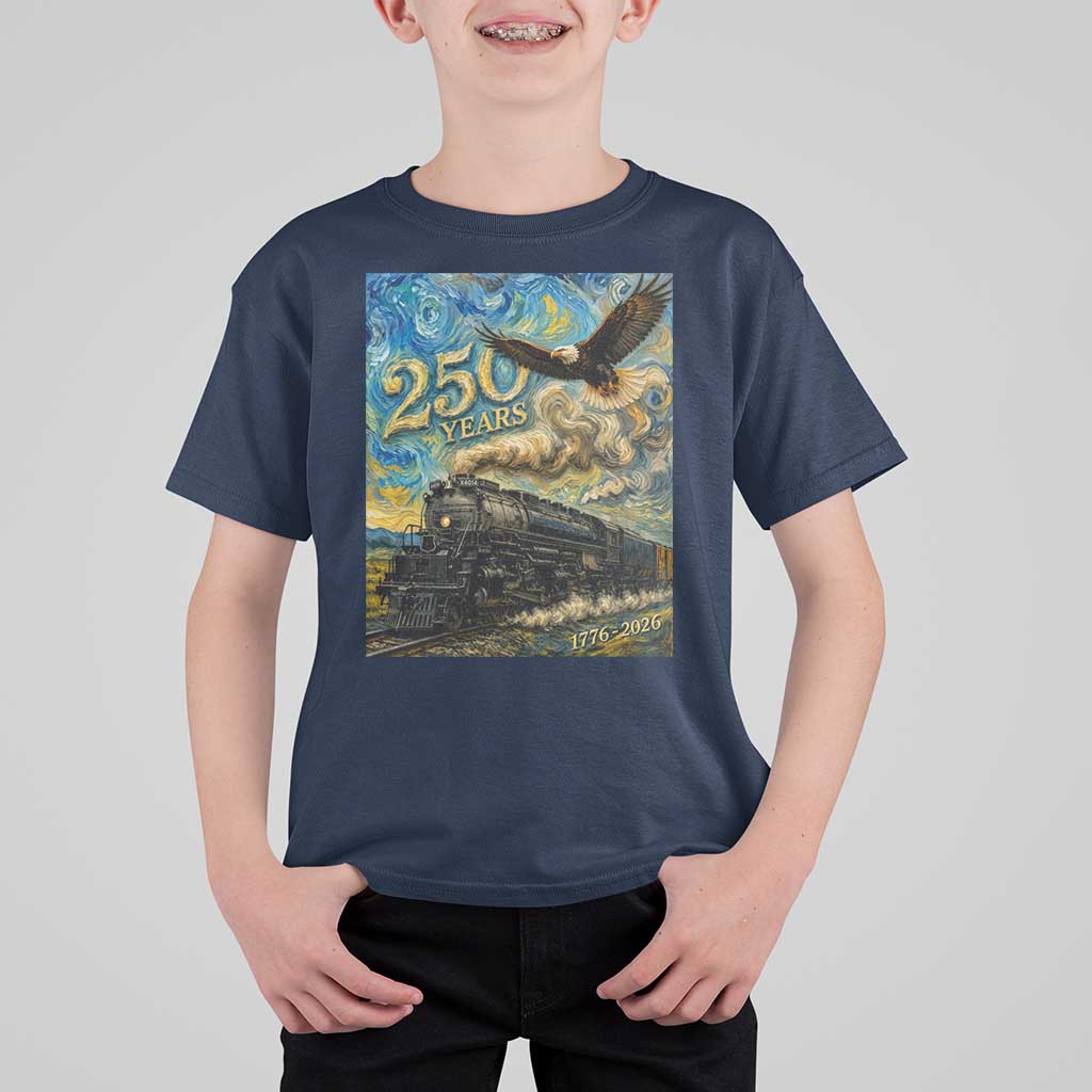 Train USA 250 Year Anniversary 1776 2026 T Shirt For Kid Van Gogh Art Steam Locomotive Railroad Starry Night
