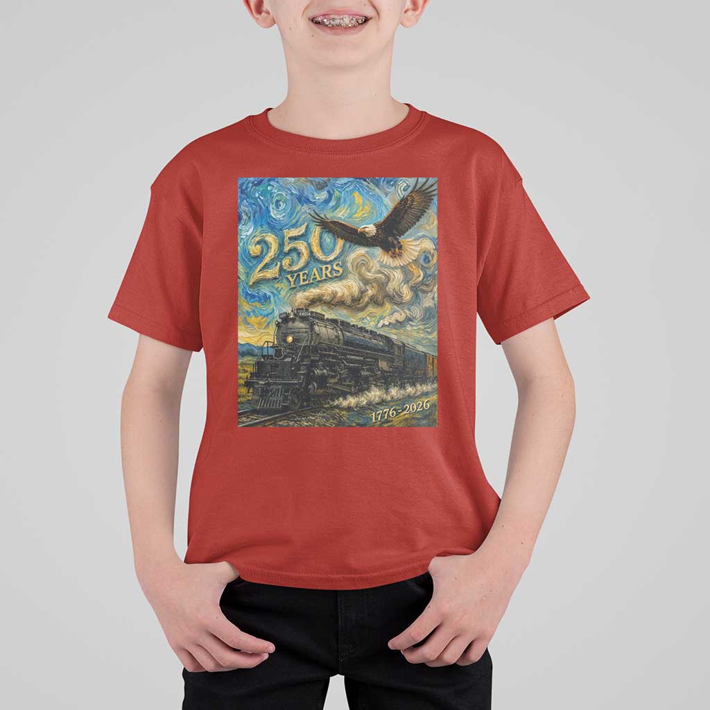 Train USA 250 Year Anniversary 1776 2026 T Shirt For Kid Van Gogh Art Steam Locomotive Railroad Starry Night