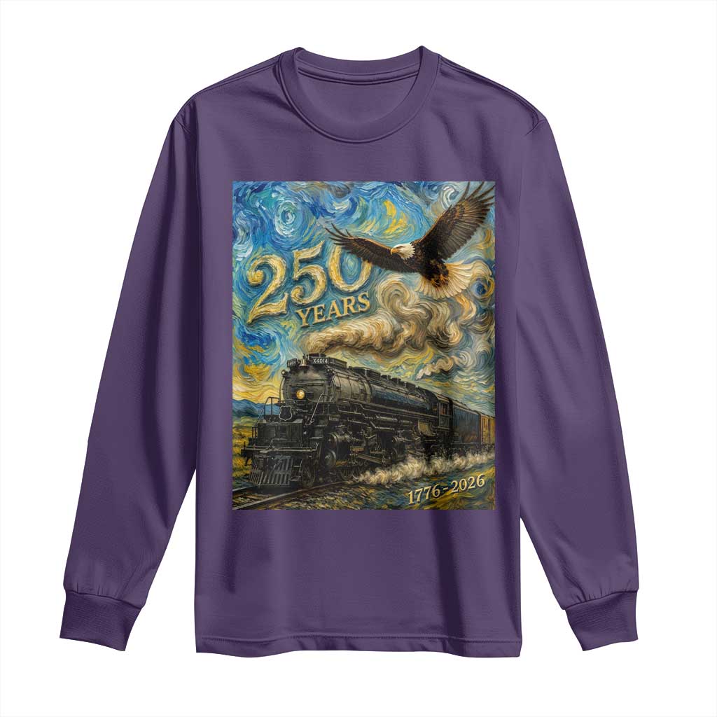 Train USA 250 Year Anniversary 1776 2026 Long Sleeve Shirt Van Gogh Art Steam Locomotive Railroad Starry Night