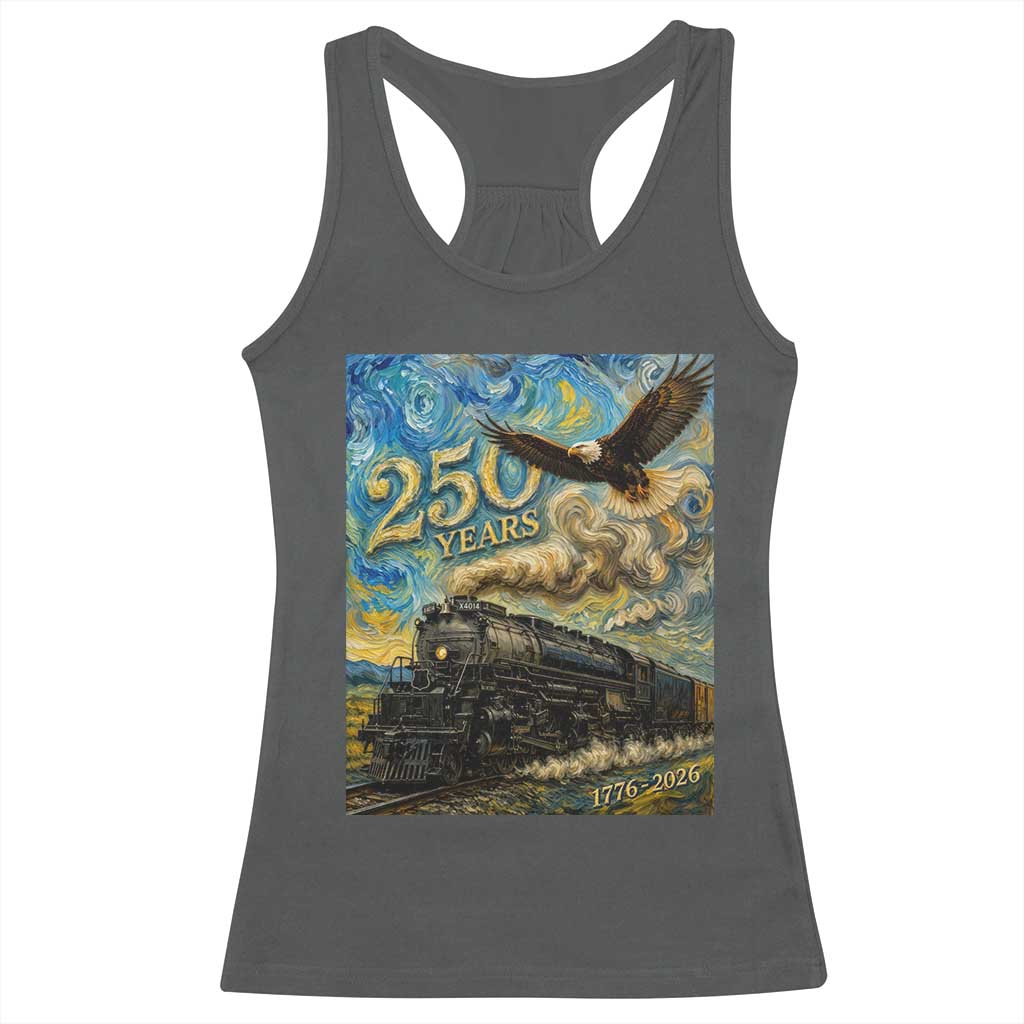 Train USA 250 Year Anniversary 1776 2026 Racerback Tank Top Van Gogh Art Steam Locomotive Railroad Starry Night