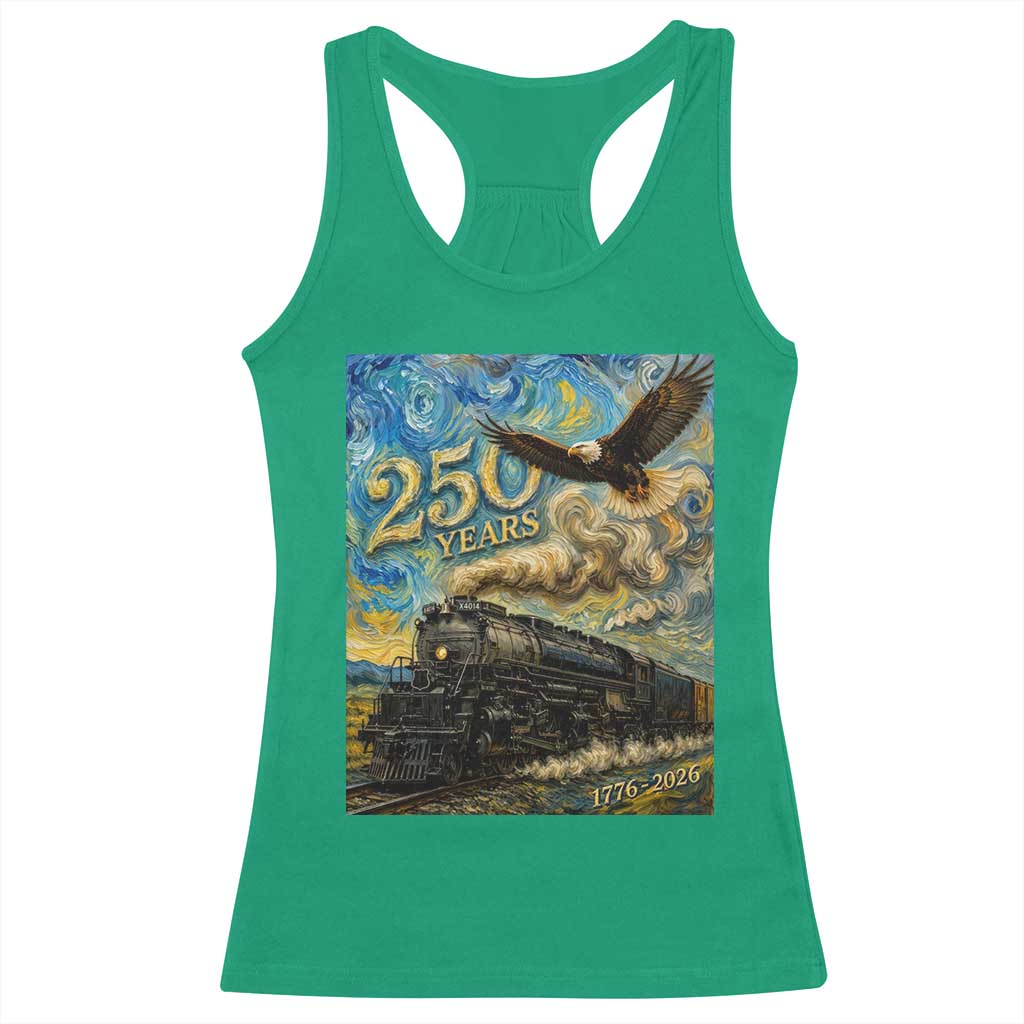 Train USA 250 Year Anniversary 1776 2026 Racerback Tank Top Van Gogh Art Steam Locomotive Railroad Starry Night