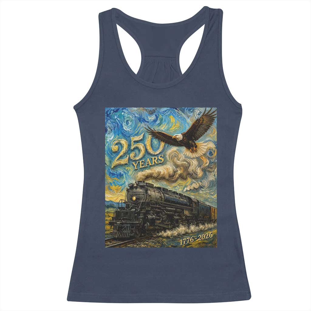 Train USA 250 Year Anniversary 1776 2026 Racerback Tank Top Van Gogh Art Steam Locomotive Railroad Starry Night
