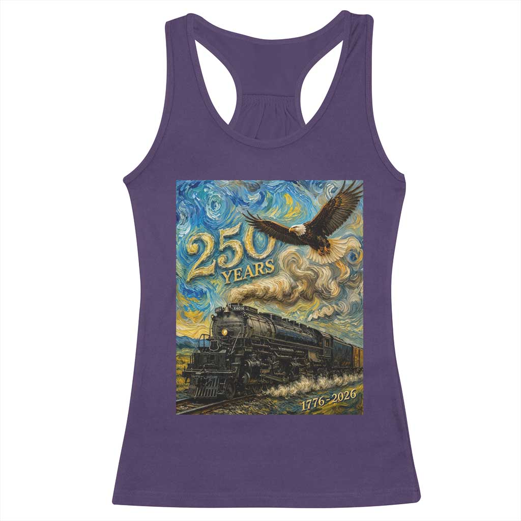 Train USA 250 Year Anniversary 1776 2026 Racerback Tank Top Van Gogh Art Steam Locomotive Railroad Starry Night