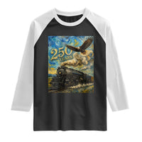 Train USA 250 Year Anniversary 1776 2026 Raglan Shirt Van Gogh Art Steam Locomotive Railroad Starry Night