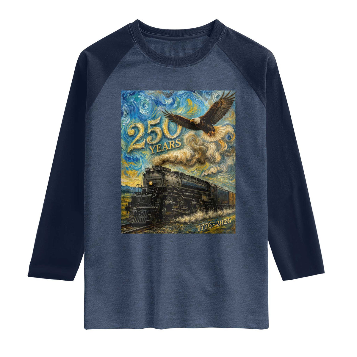 Train USA 250 Year Anniversary 1776 2026 Raglan Shirt Van Gogh Art Steam Locomotive Railroad Starry Night