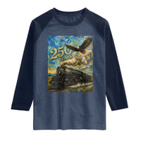 Train USA 250 Year Anniversary 1776 2026 Raglan Shirt Van Gogh Art Steam Locomotive Railroad Starry Night
