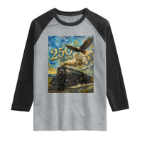 Train USA 250 Year Anniversary 1776 2026 Raglan Shirt Van Gogh Art Steam Locomotive Railroad Starry Night