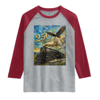 Train USA 250 Year Anniversary 1776 2026 Raglan Shirt Van Gogh Art Steam Locomotive Railroad Starry Night
