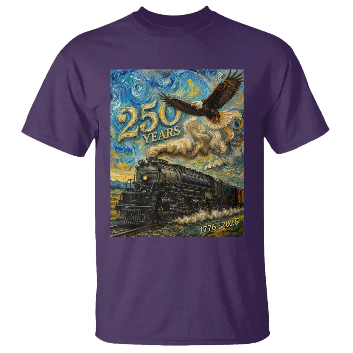 Train USA 250 Year Anniversary 1776 2026 T Shirt Van Gogh Art Steam Locomotive Railroad Starry Night