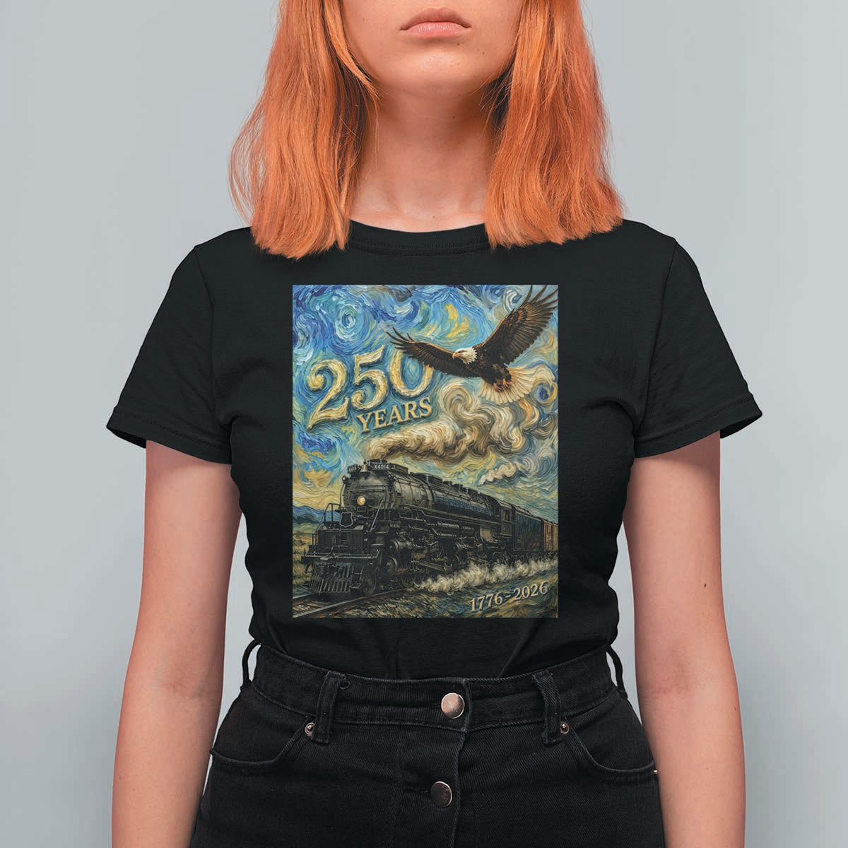 Train USA 250 Year Anniversary 1776 2026 T Shirt For Women Van Gogh Art Steam Locomotive Railroad Starry Night