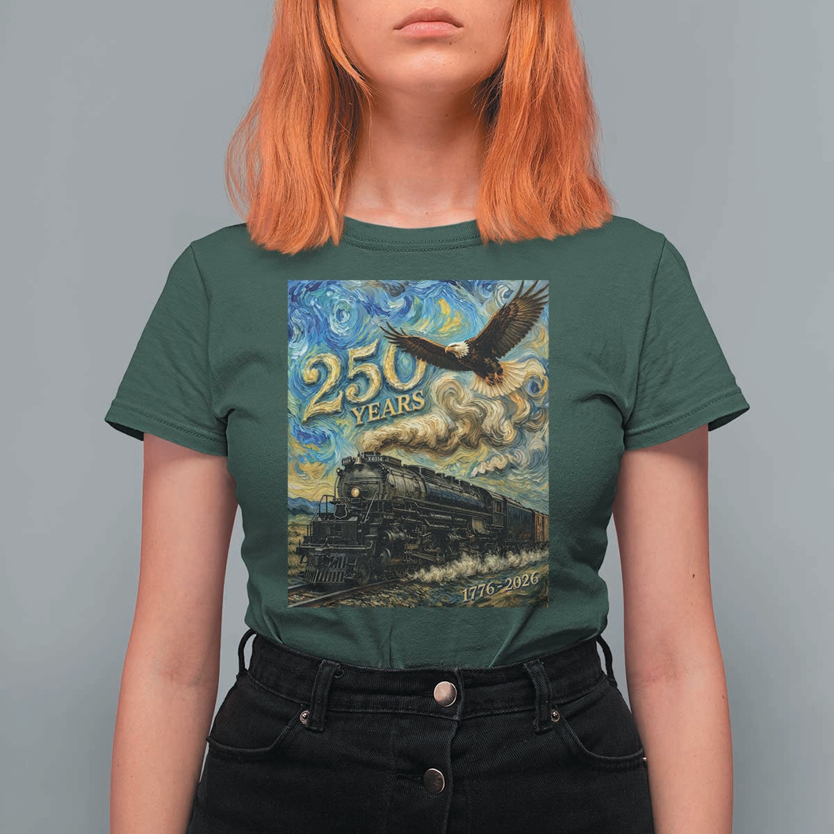 Train USA 250 Year Anniversary 1776 2026 T Shirt For Women Van Gogh Art Steam Locomotive Railroad Starry Night
