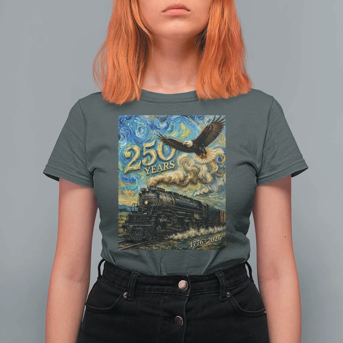 Train USA 250 Year Anniversary 1776 2026 T Shirt For Women Van Gogh Art Steam Locomotive Railroad Starry Night