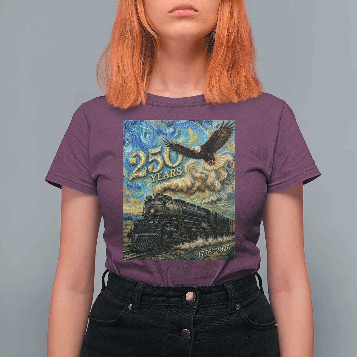 Train USA 250 Year Anniversary 1776 2026 T Shirt For Women Van Gogh Art Steam Locomotive Railroad Starry Night