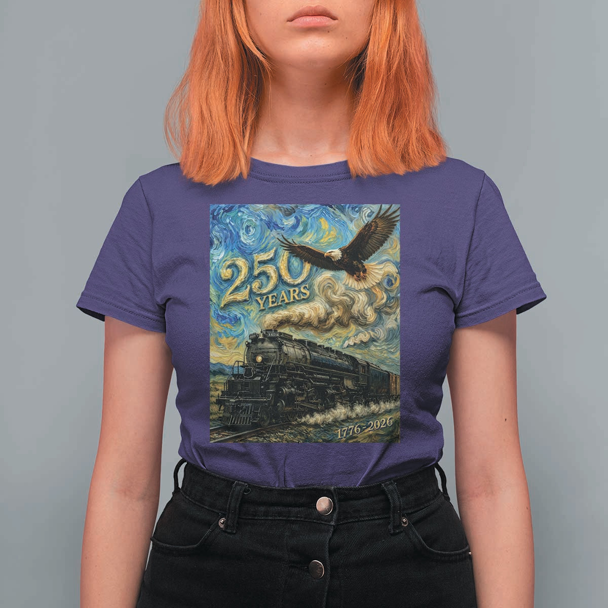 Train USA 250 Year Anniversary 1776 2026 T Shirt For Women Van Gogh Art Steam Locomotive Railroad Starry Night