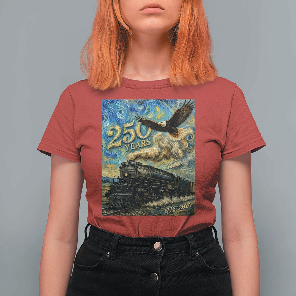 Train USA 250 Year Anniversary 1776 2026 T Shirt For Women Van Gogh Art Steam Locomotive Railroad Starry Night