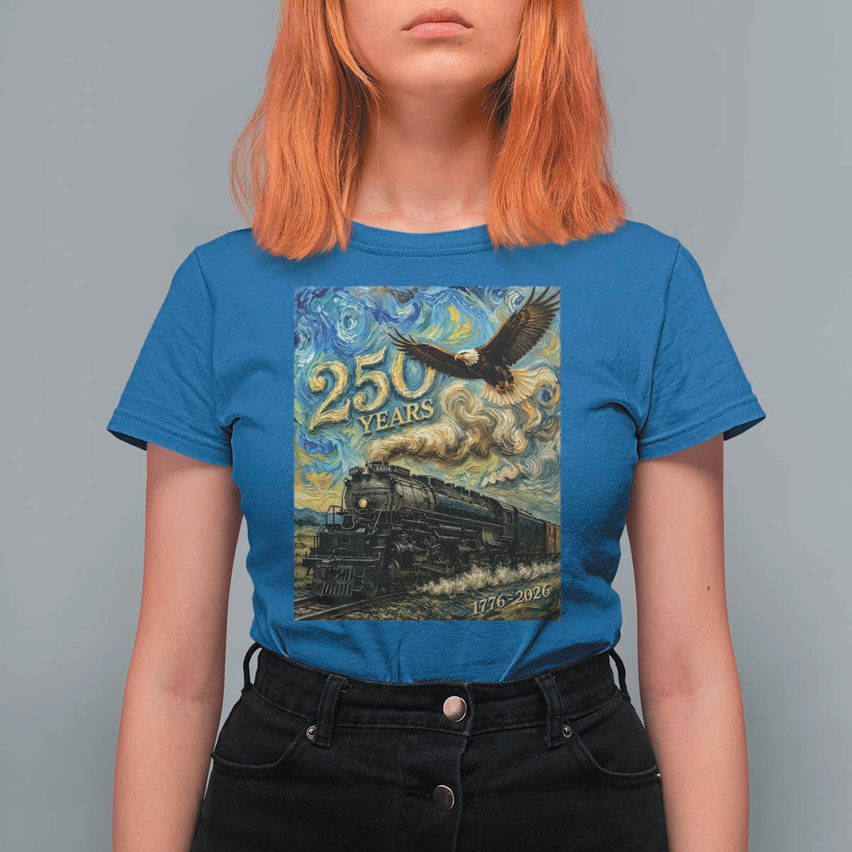 Train USA 250 Year Anniversary 1776 2026 T Shirt For Women Van Gogh Art Steam Locomotive Railroad Starry Night