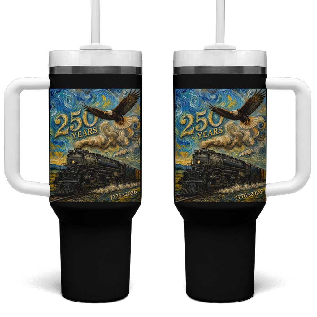 Train USA 250 Year Anniversary 1776 2026 Tumbler With Handle Van Gogh Art Steam Locomotive Railroad Starry Night