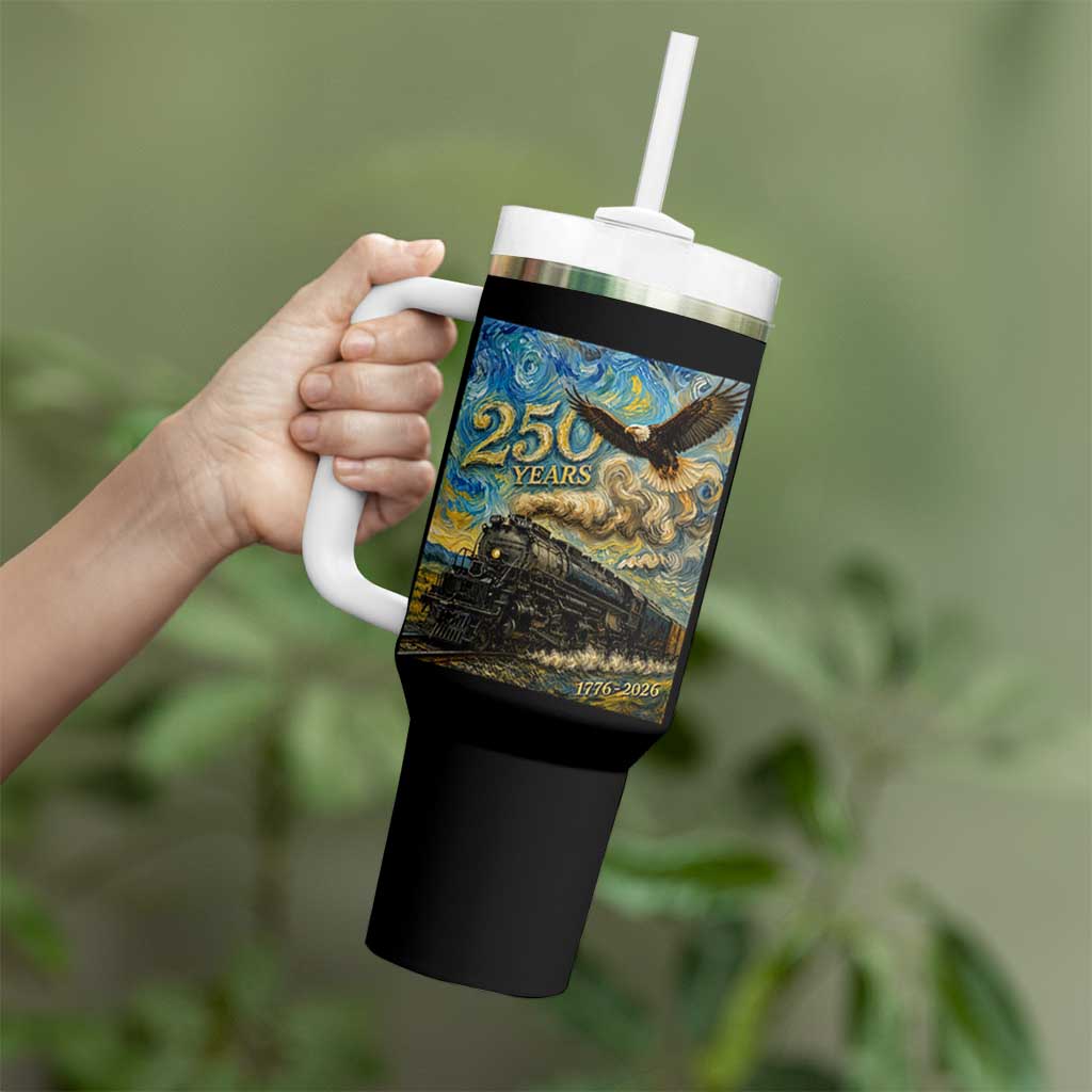 Train USA 250 Year Anniversary 1776 2026 Tumbler With Handle Van Gogh Art Steam Locomotive Railroad Starry Night