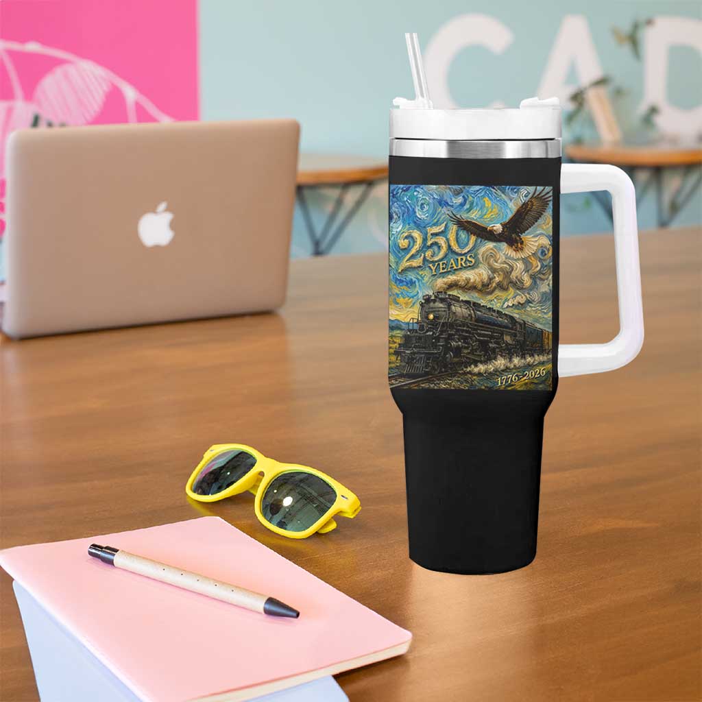 Train USA 250 Year Anniversary 1776 2026 Tumbler With Handle Van Gogh Art Steam Locomotive Railroad Starry Night