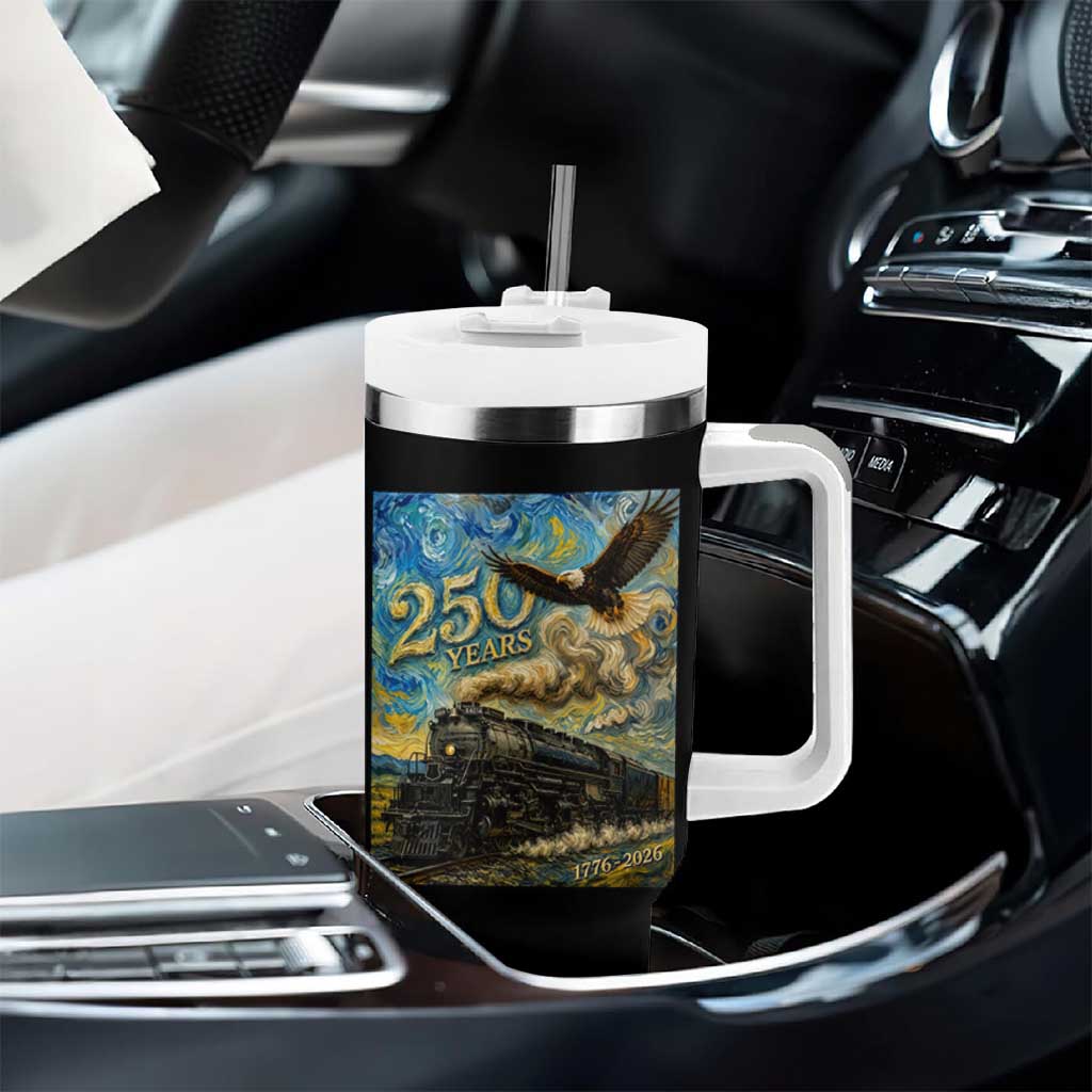 Train USA 250 Year Anniversary 1776 2026 Tumbler With Handle Van Gogh Art Steam Locomotive Railroad Starry Night