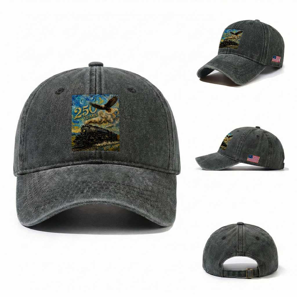 Train USA 250 Year Anniversary 1776 2026 Washed Cotton Baseball Cap Van Gogh Art Steam Locomotive Railroad Starry Night