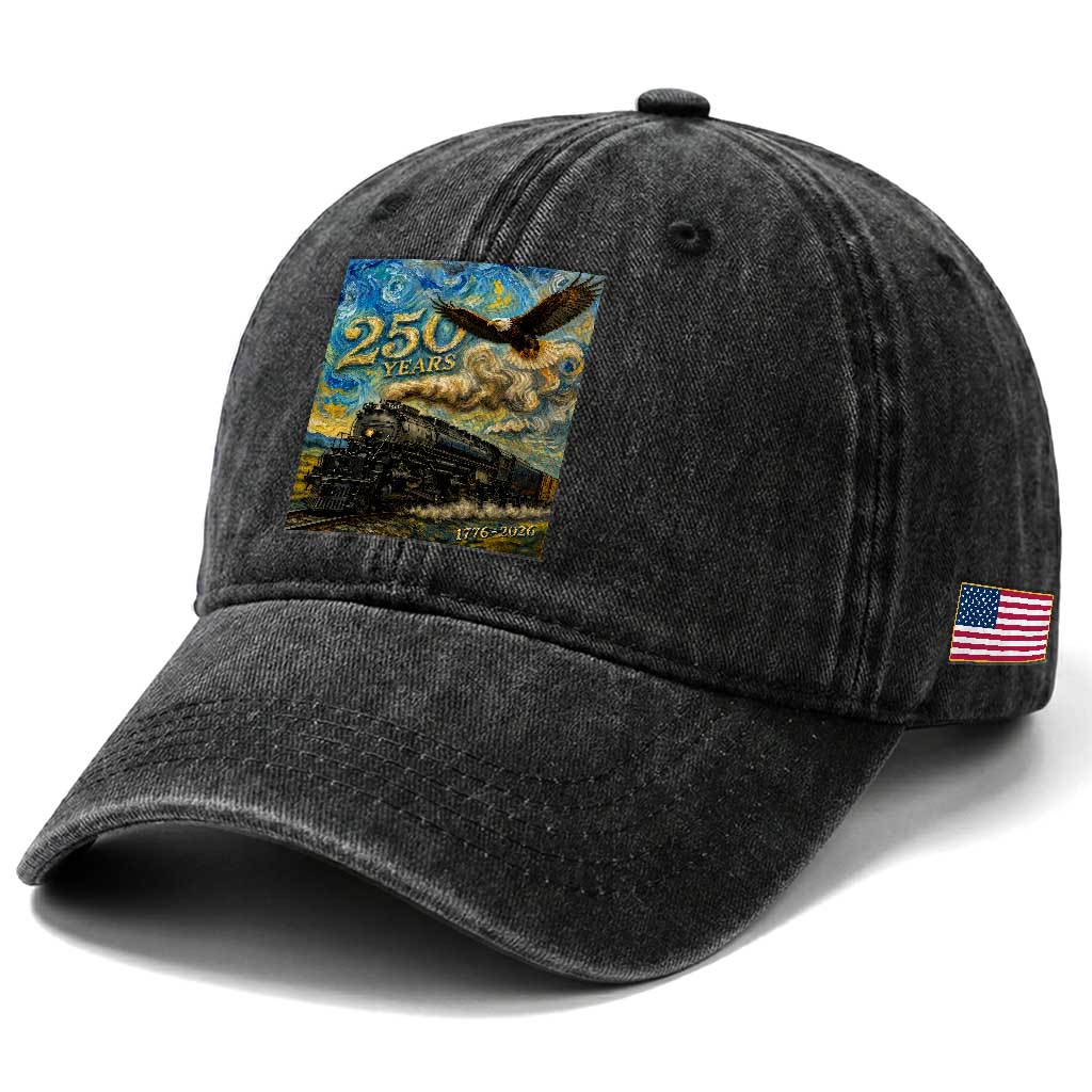 Train USA 250 Year Anniversary 1776 2026 Washed Cotton Baseball Cap Van Gogh Art Steam Locomotive Railroad Starry Night