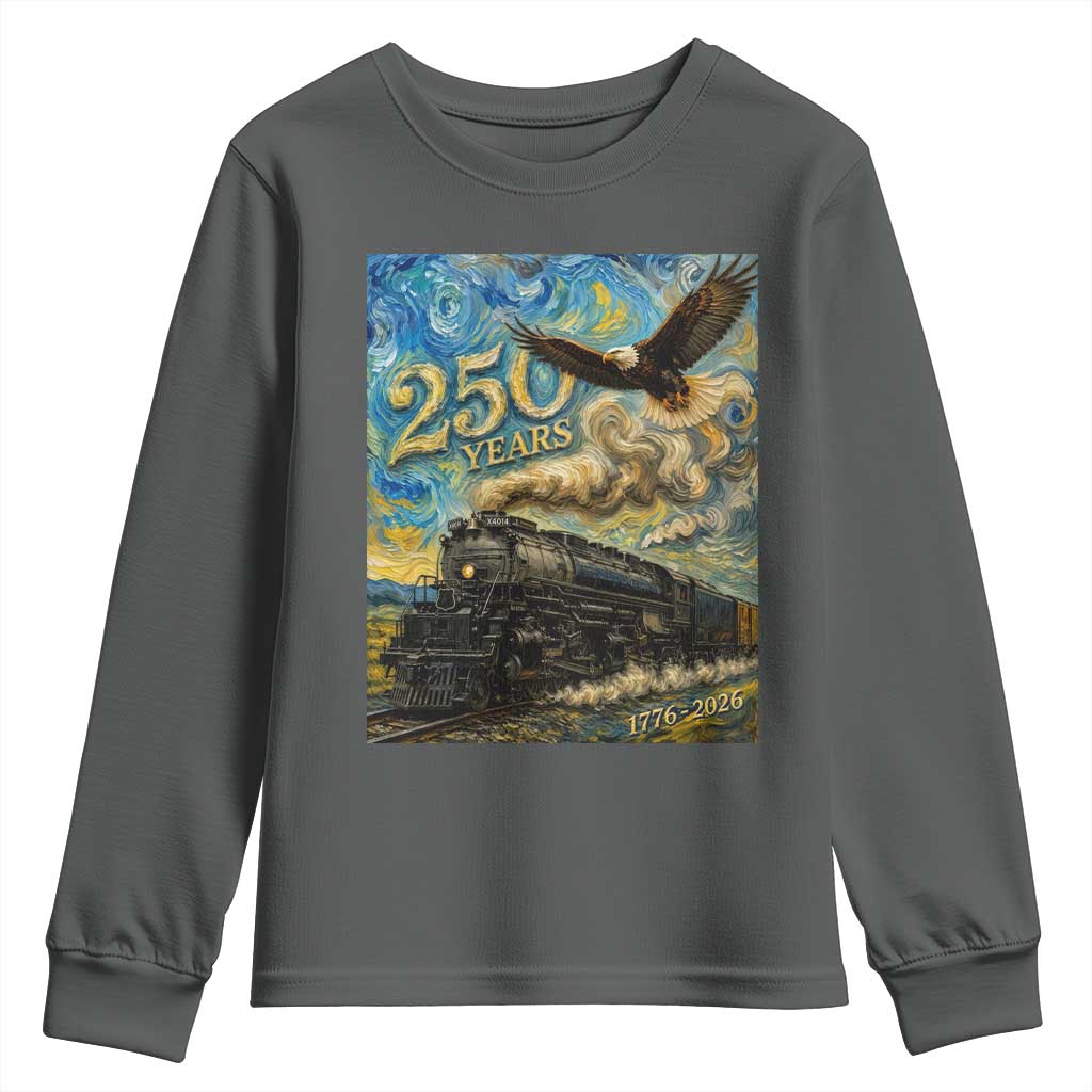 Train USA 250 Year Anniversary 1776 2026 Youth Sweatshirt Van Gogh Art Steam Locomotive Railroad Starry Night