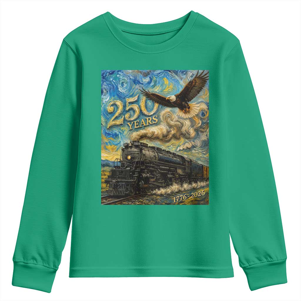 Train USA 250 Year Anniversary 1776 2026 Youth Sweatshirt Van Gogh Art Steam Locomotive Railroad Starry Night
