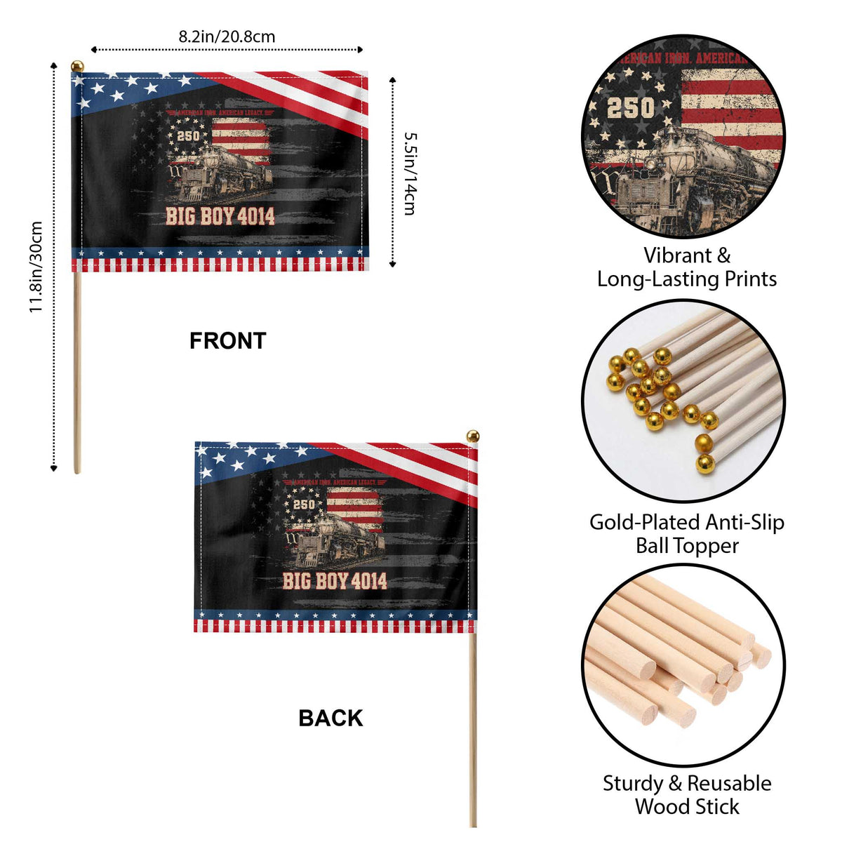 Train USA 250th Anniversary Patriotic Handheld Flag American Iron Legacy Steam Locomotive Railroad Train Engine