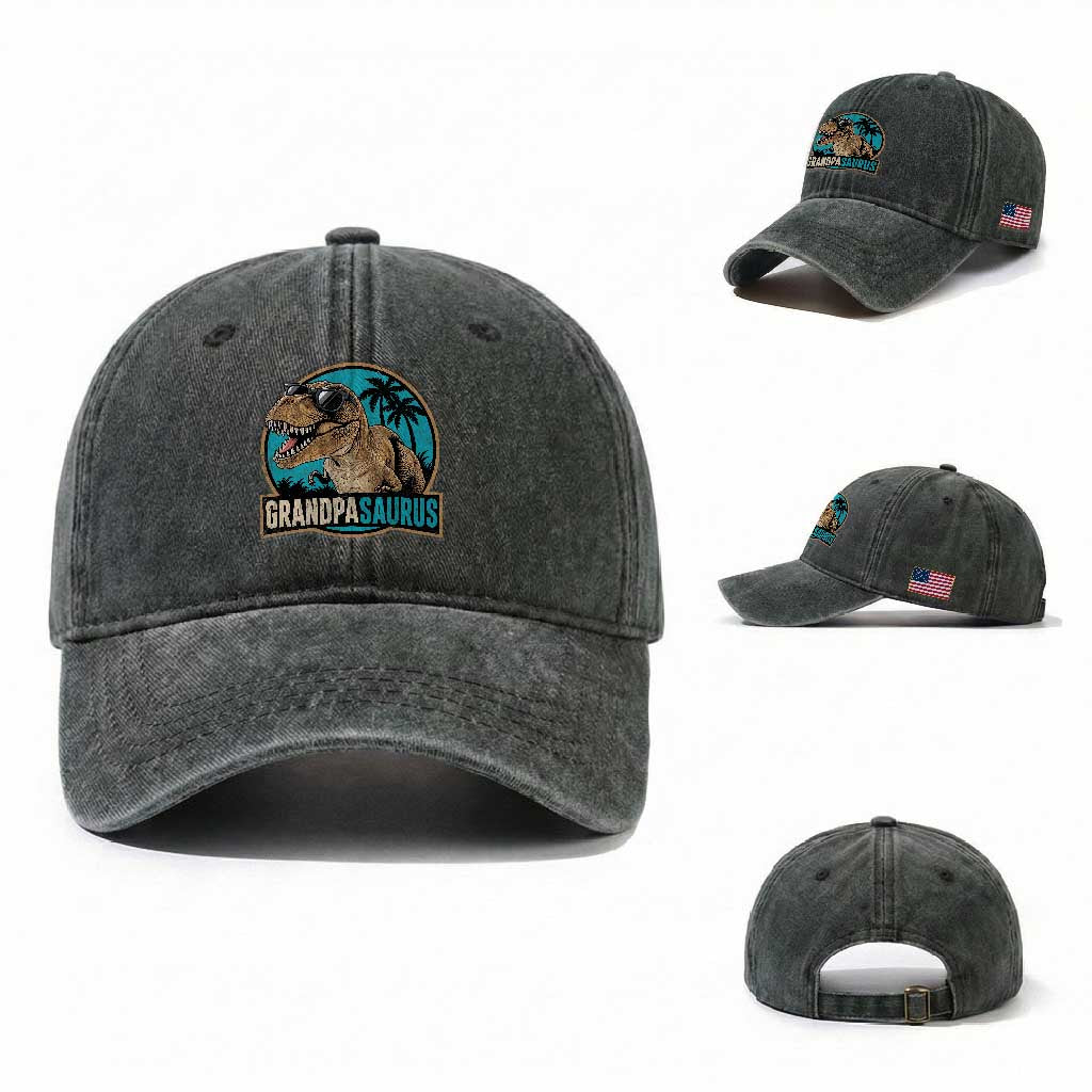 Dinosaur Grandfather Washed Cotton Baseball Cap Funny Grandpasaurus Fathers Day Family Matching
