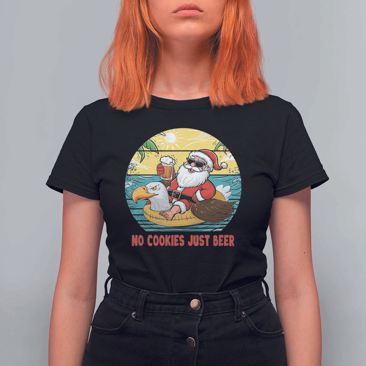 Funny Christmas In July T Shirt For Women No Cookies Just Beer Santa Summer Season Eagle Float - Wonder Print Shop