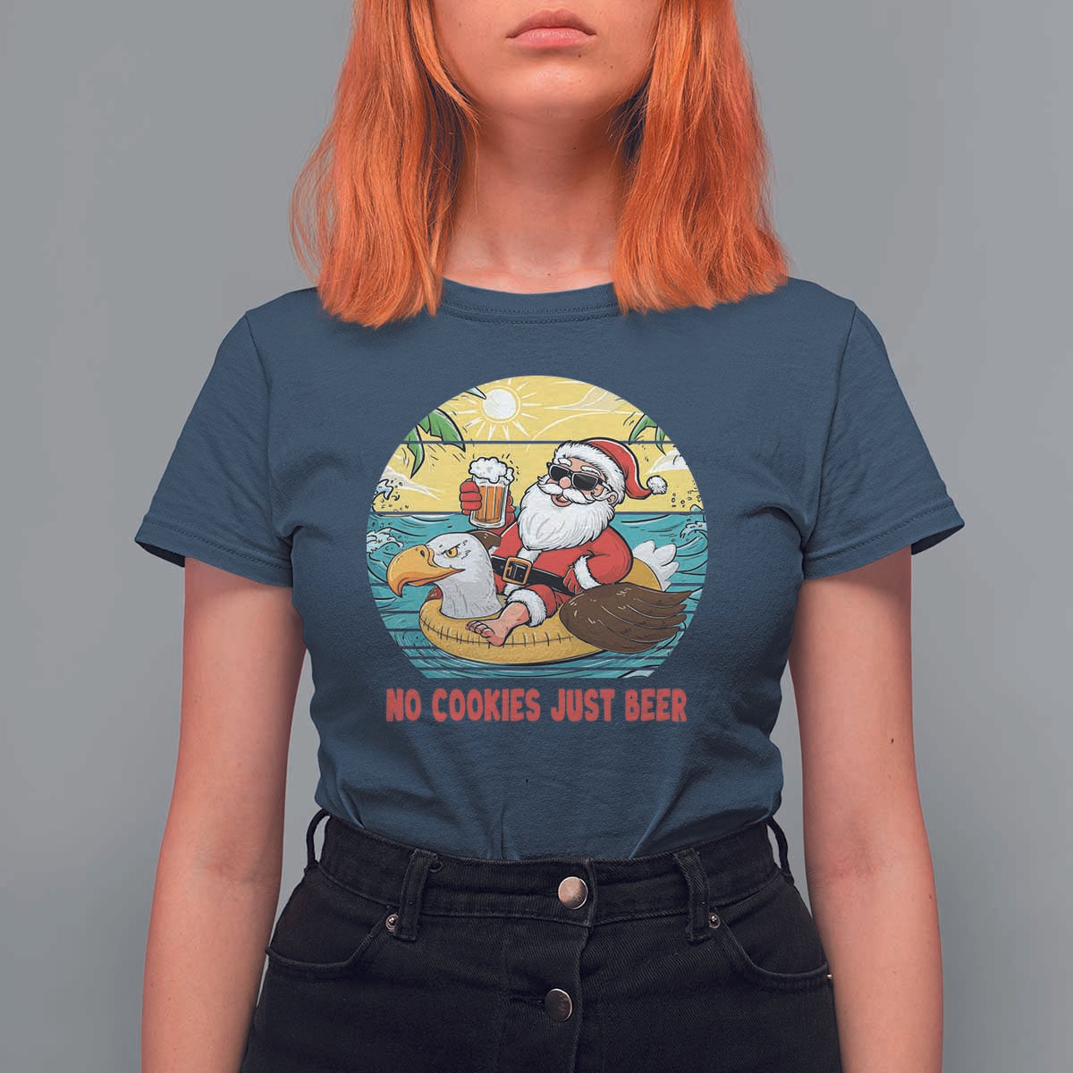 Funny Christmas In July T Shirt For Women No Cookies Just Beer Santa Summer Season Eagle Float - Wonder Print Shop