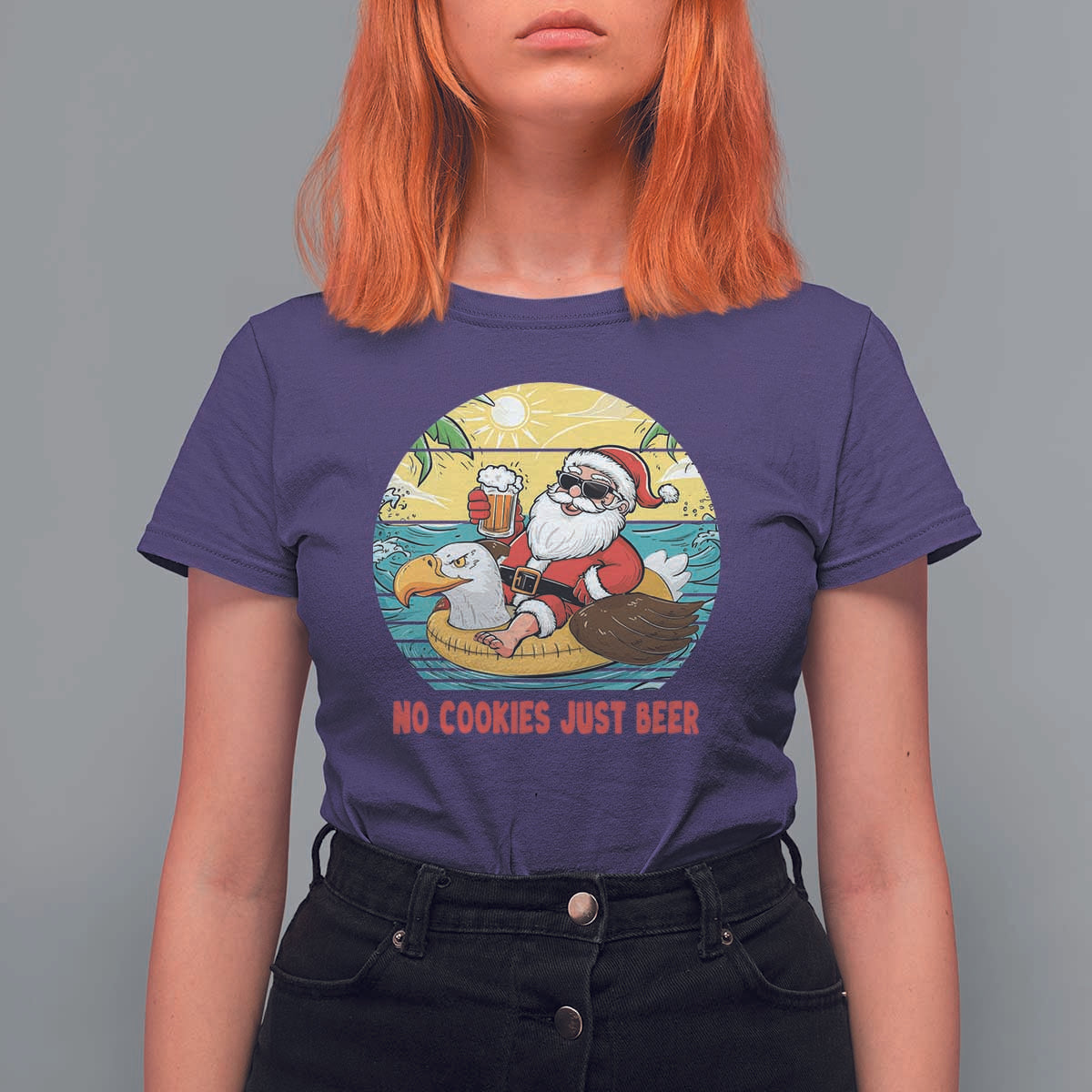 Funny Christmas In July T Shirt For Women No Cookies Just Beer Santa Summer Season Eagle Float - Wonder Print Shop