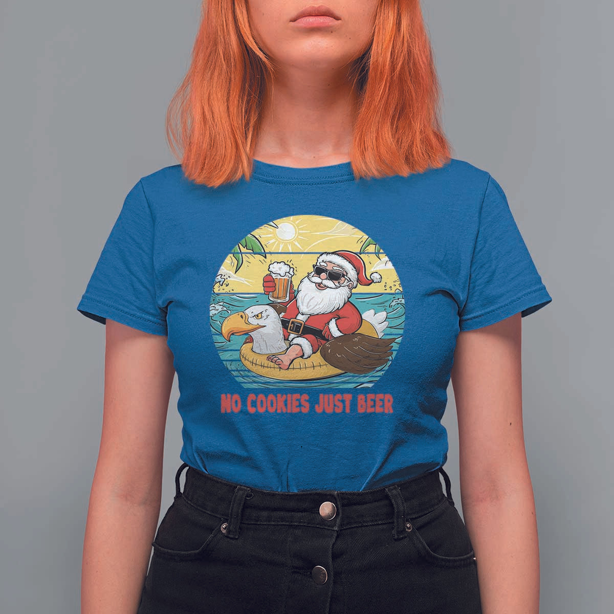 Funny Christmas In July T Shirt For Women No Cookies Just Beer Santa Summer Season Eagle Float - Wonder Print Shop