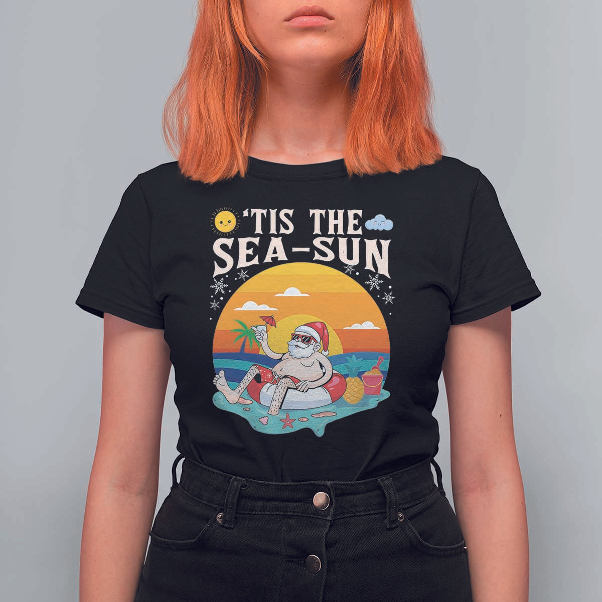 Funny Christmas In July T Shirt For Women Tis The Sea Sun Santa Beach Summer Season Xmas - Wonder Print Shop