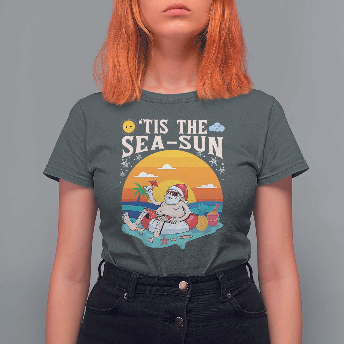 Funny Christmas In July T Shirt For Women Tis The Sea Sun Santa Beach Summer Season Xmas - Wonder Print Shop