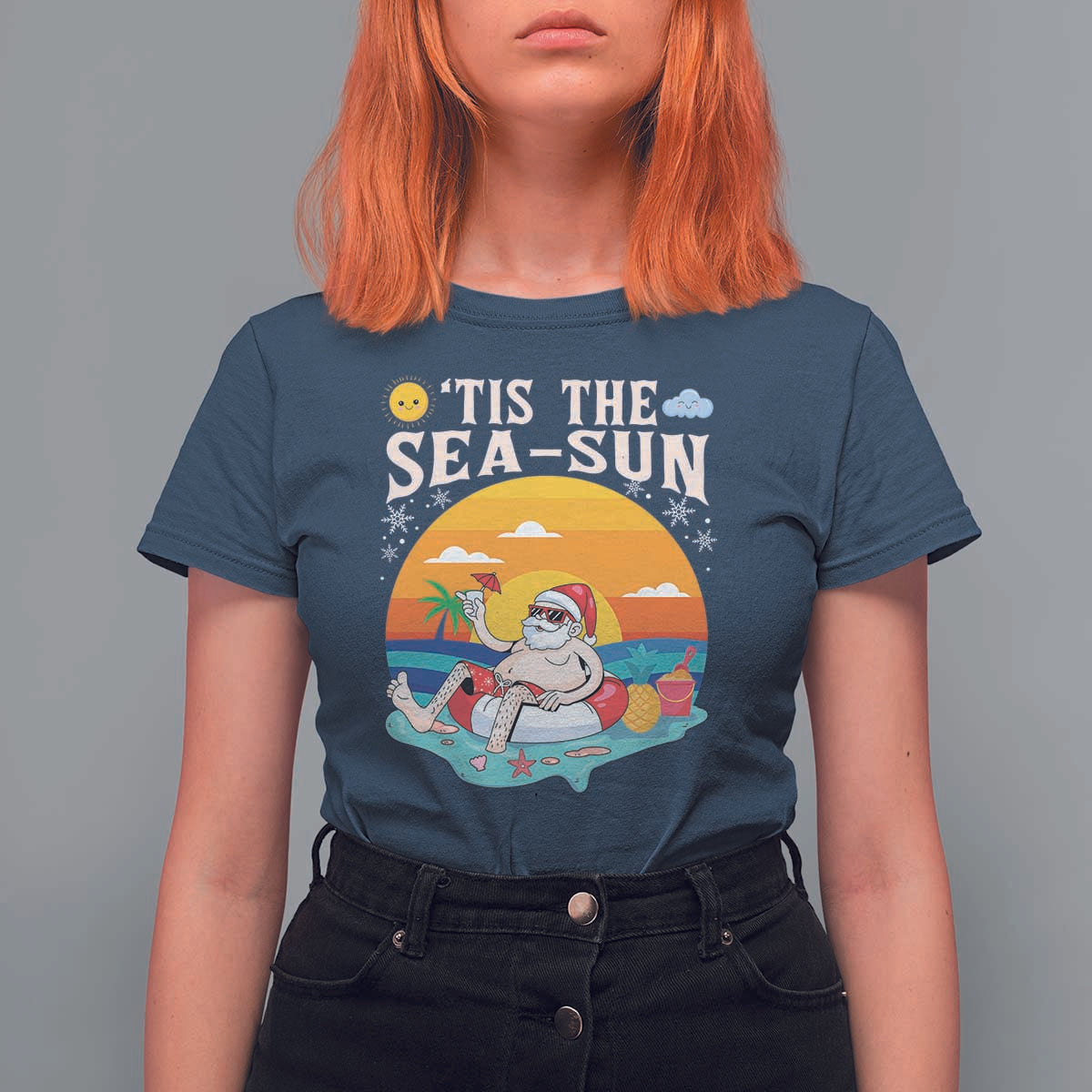 Funny Christmas In July T Shirt For Women Tis The Sea Sun Santa Beach Summer Season Xmas - Wonder Print Shop
