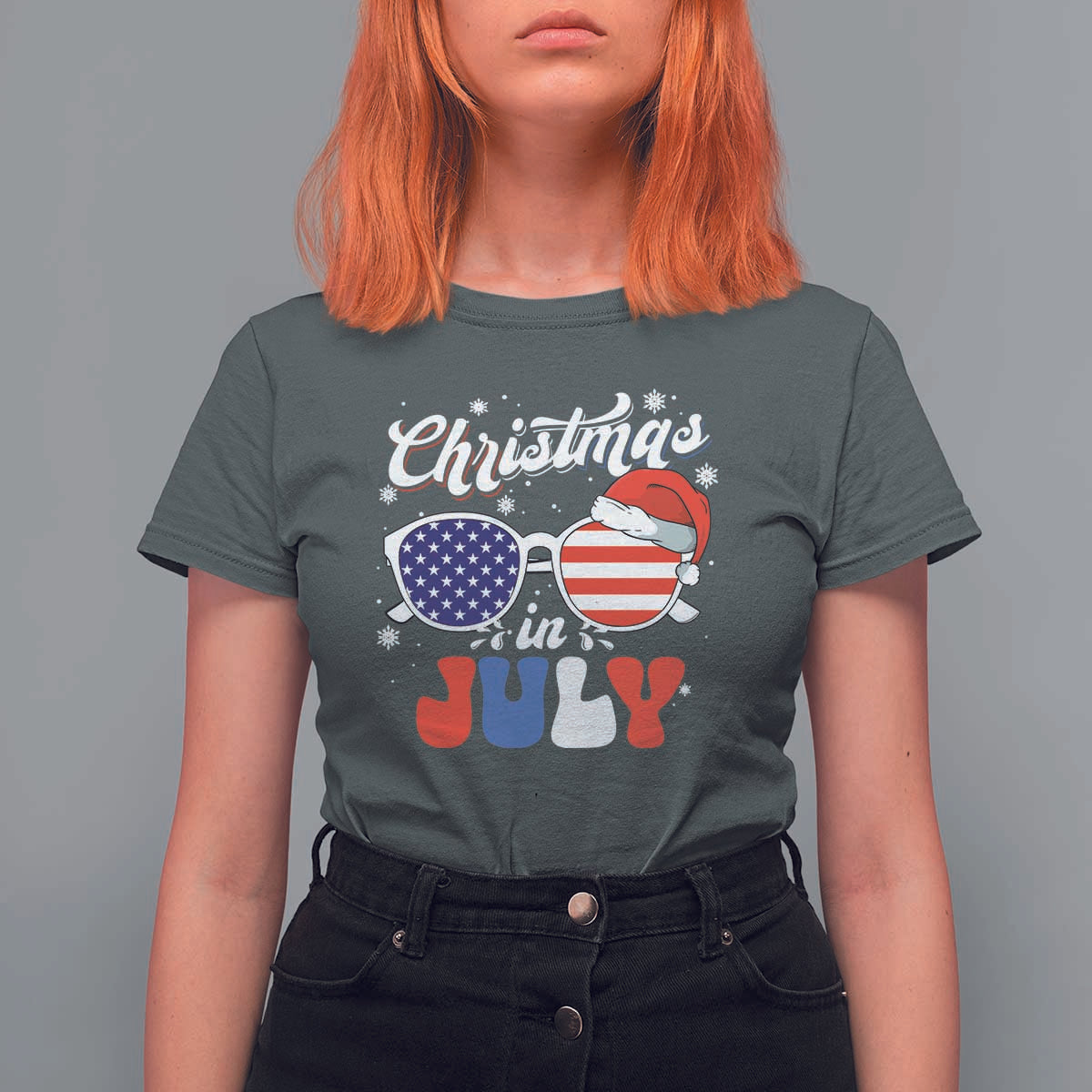 Christmas In July T Shirt For Women Santa Hat Sunglasses USA Flag 4th Of July Xmas - Wonder Print Shop