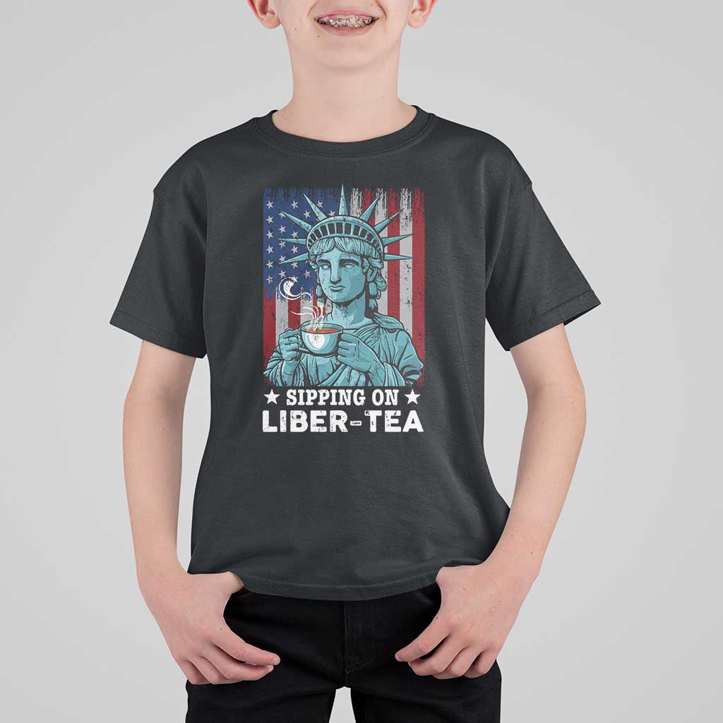 Funny 4th Of July T Shirt For Kid Sippin On Liber Tea Liberty USA Flag - Wonder Print Shop