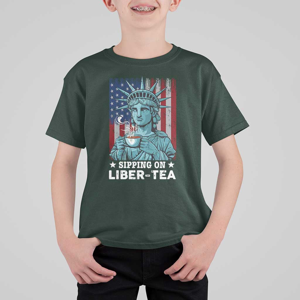 Funny 4th Of July T Shirt For Kid Sippin On Liber Tea Liberty USA Flag - Wonder Print Shop