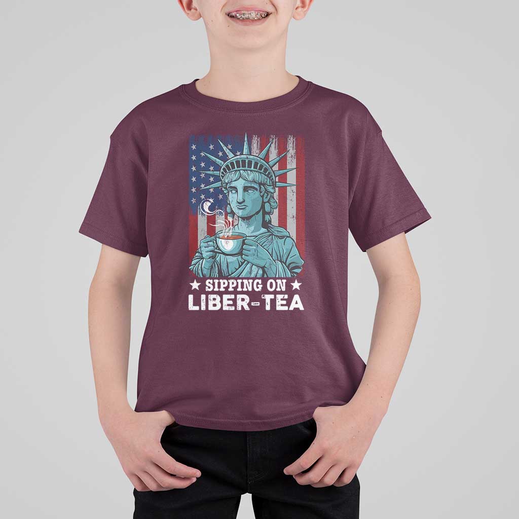 Funny 4th Of July T Shirt For Kid Sippin On Liber Tea Liberty USA Flag - Wonder Print Shop