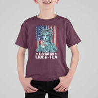Funny 4th Of July T Shirt For Kid Sippin On Liber Tea Liberty USA Flag - Wonder Print Shop
