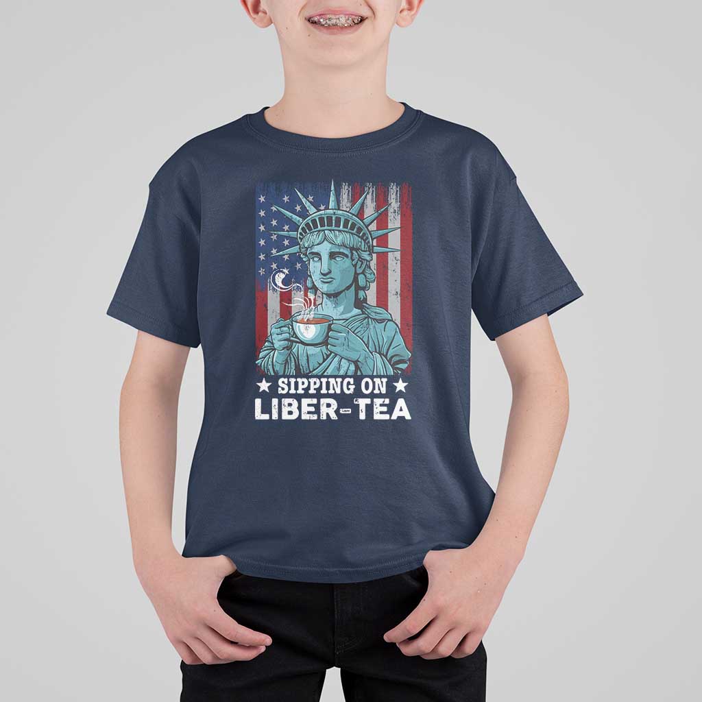 Funny 4th Of July T Shirt For Kid Sippin On Liber Tea Liberty USA Flag - Wonder Print Shop
