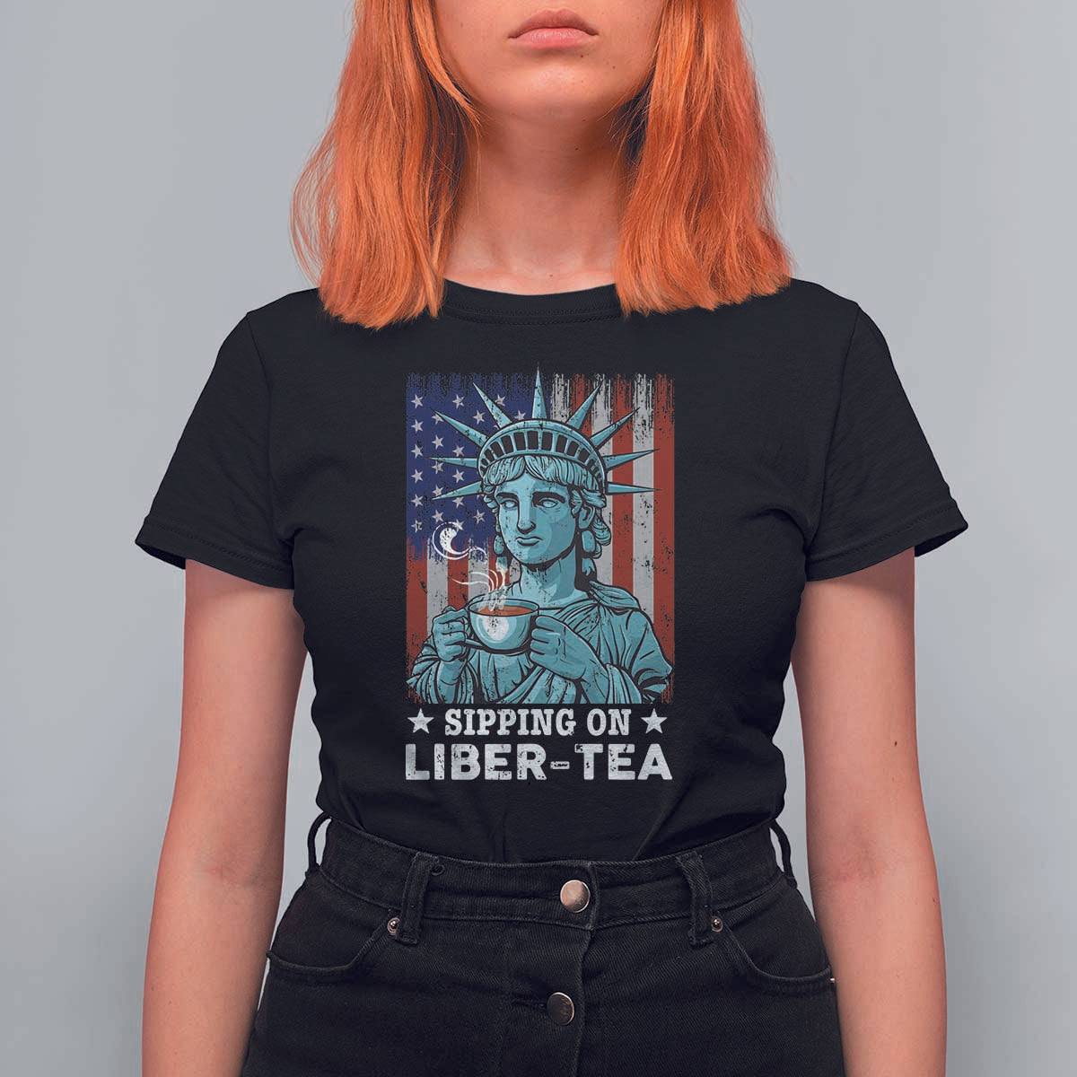 Funny 4th Of July T Shirt For Women Sippin On Liber Tea Liberty USA Flag - Wonder Print Shop