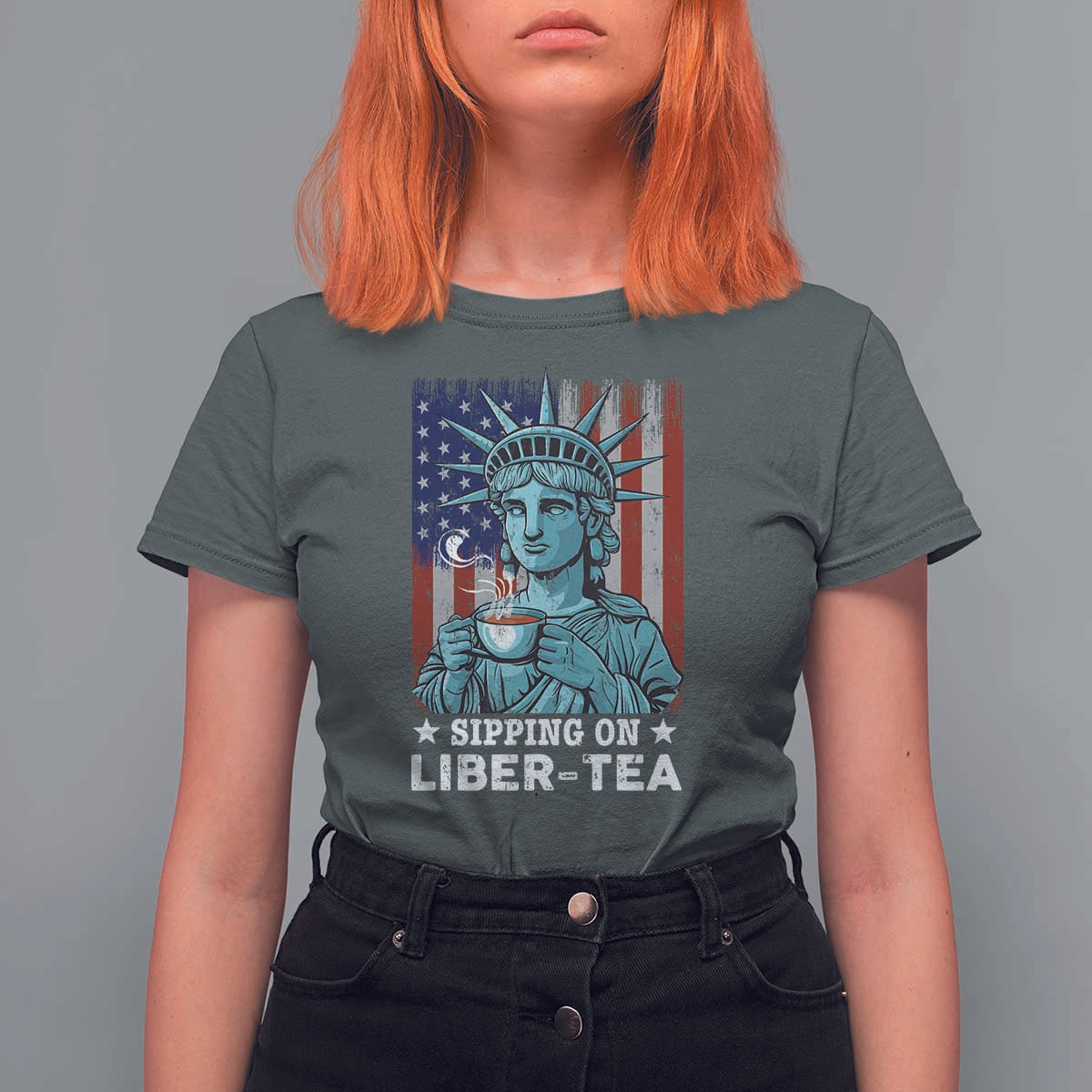 Funny 4th Of July T Shirt For Women Sippin On Liber Tea Liberty USA Flag - Wonder Print Shop