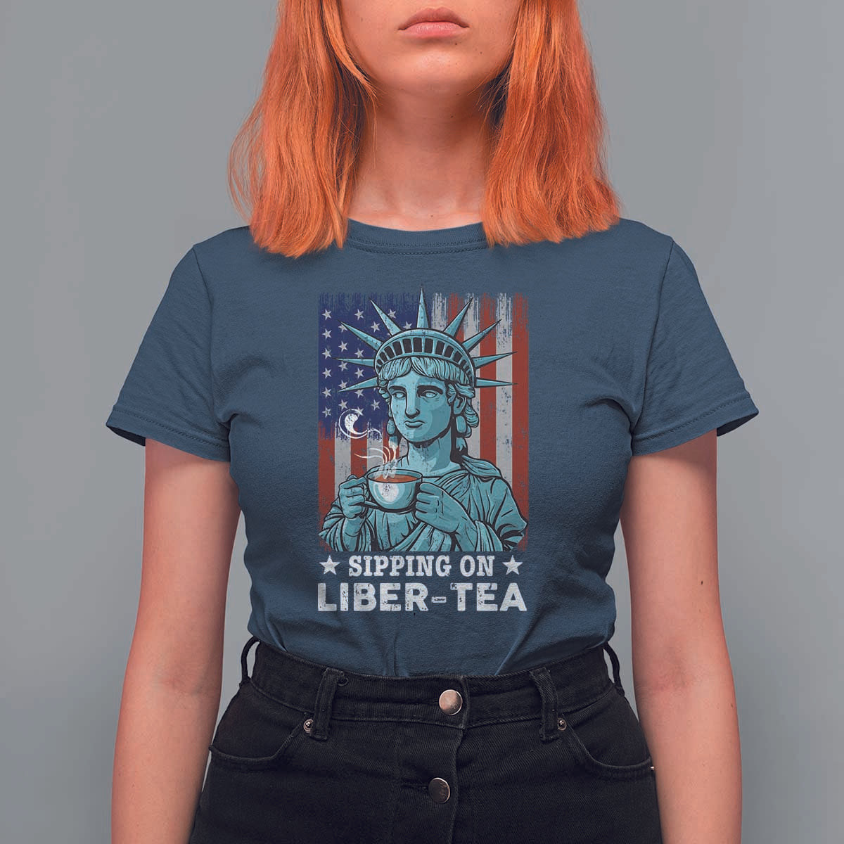 Funny 4th Of July T Shirt For Women Sippin On Liber Tea Liberty USA Flag - Wonder Print Shop