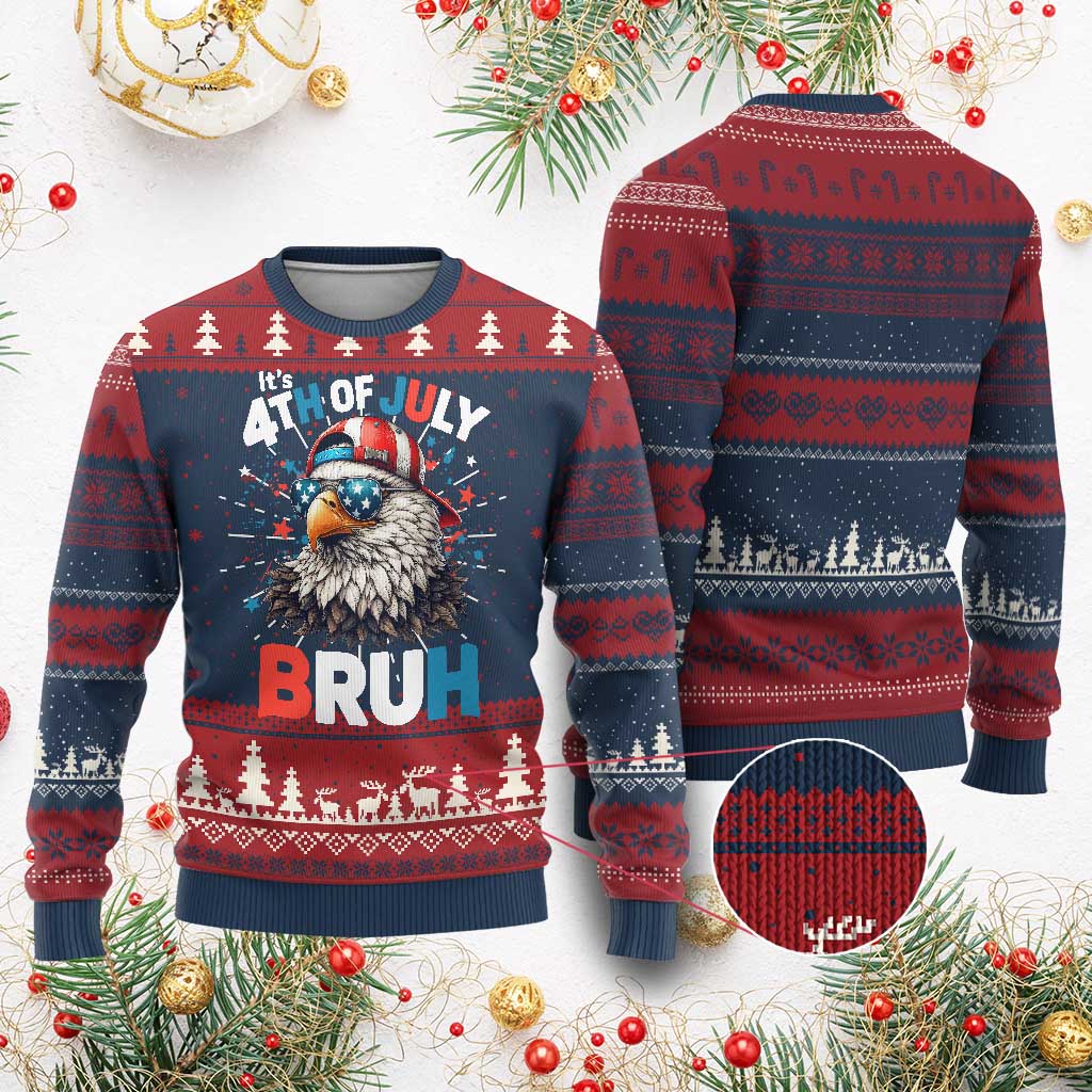 Funny Eagle It's 4th Of July Bruh Knitted Sweatshirt Patriotic Bald Eagle American Flag - Wonder Print Shop